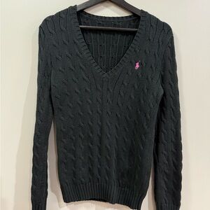 Ralph Lauren Black V-Neck Sweater with Pink Logo